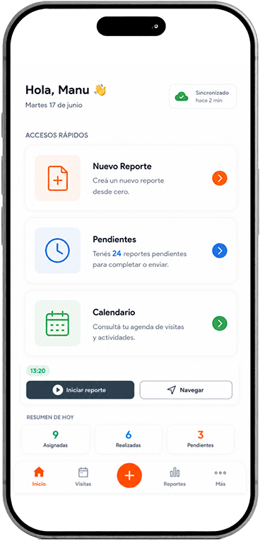Pantalla de inicio de la app CheckPOS Mobile, con accesos rápidos, resumen del día y agenda de visitas