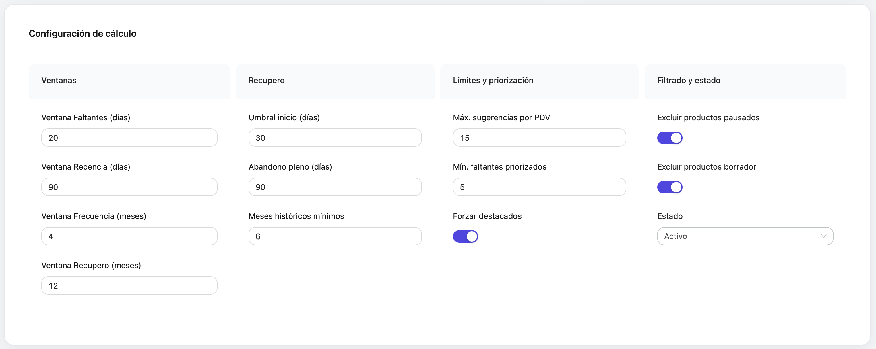 Configuración de cálculo del surtido sugerido