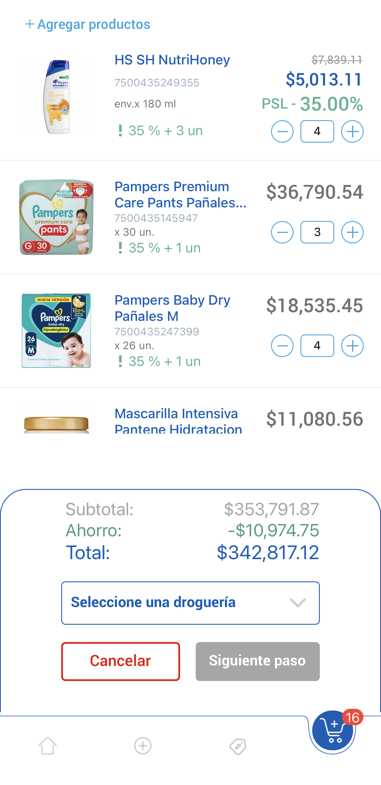 Confirmación de pedido con selección de droguería en la app CheckPOS Transfer